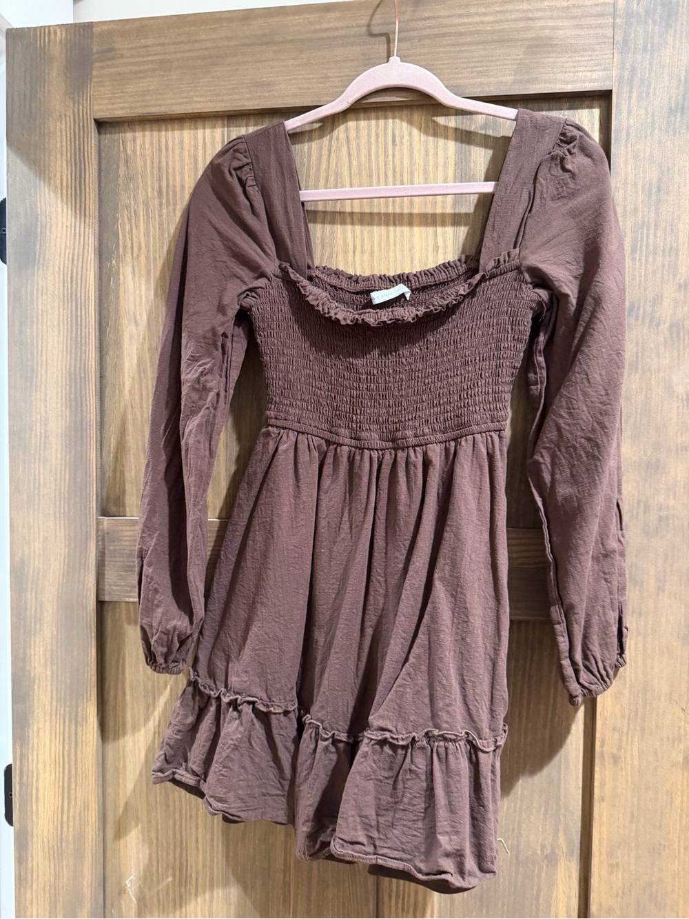 Altar'd State Brown Smocked Long-Sleeve Mini Dress